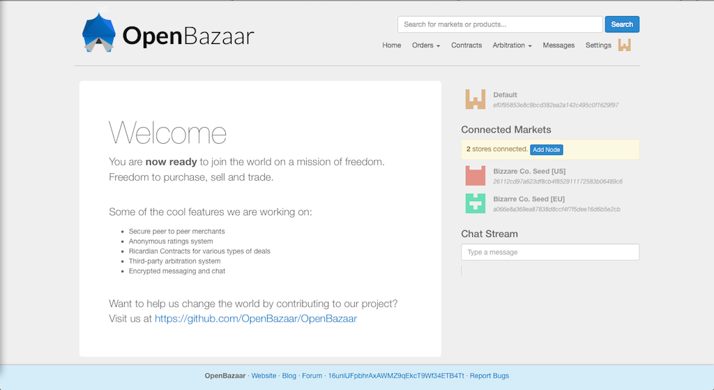 Homepage of the OpenBazaar Beta 1.0 marketplace.