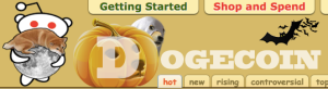 A screenshot of the header of /r/Dogecoin on reddit. A pumpkin with a Shiba Inu (breed of dog) face is in front of another Shiba Inu which looks like a ghost.