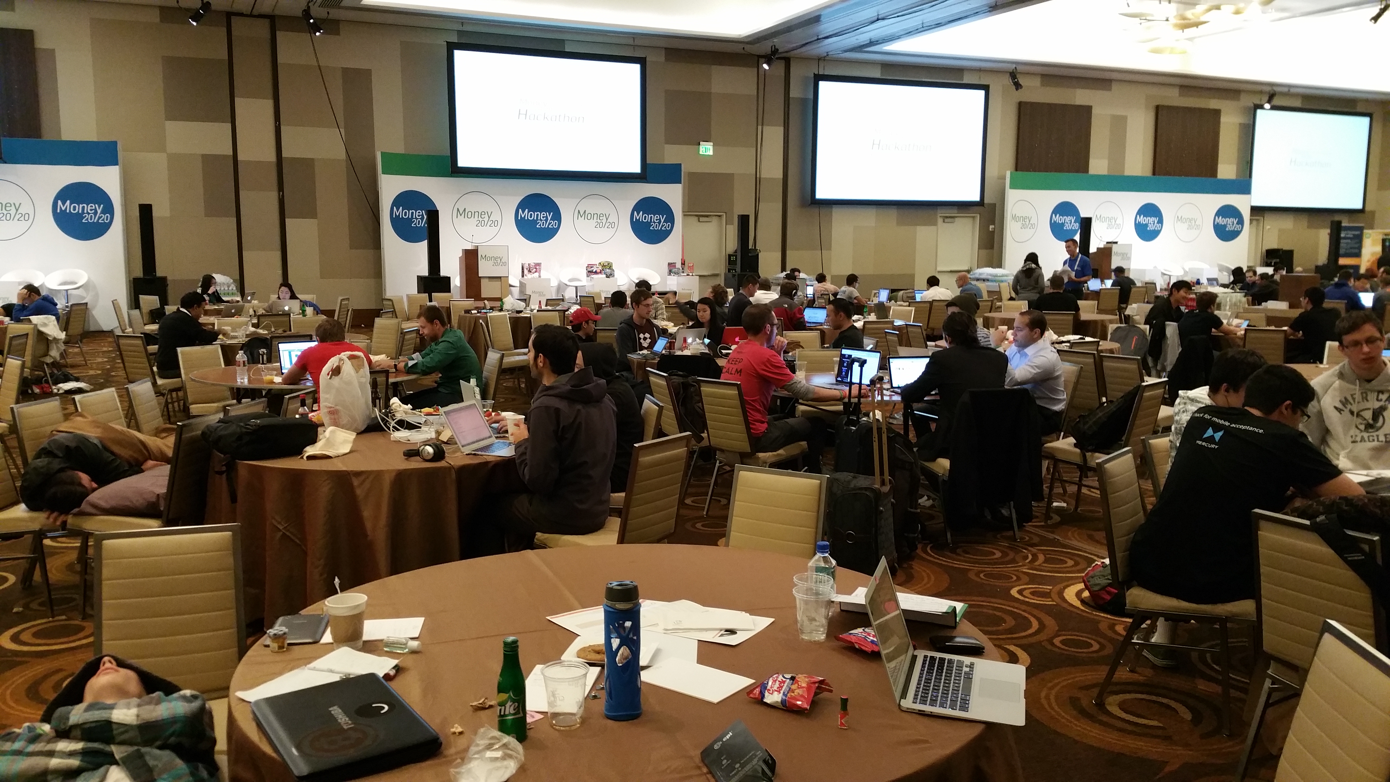Money 2020 Hackathon participants still hard at work with 3 hours of code left.