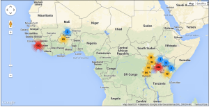 The map shows the locations where BitGive's Water Project has had an impact.