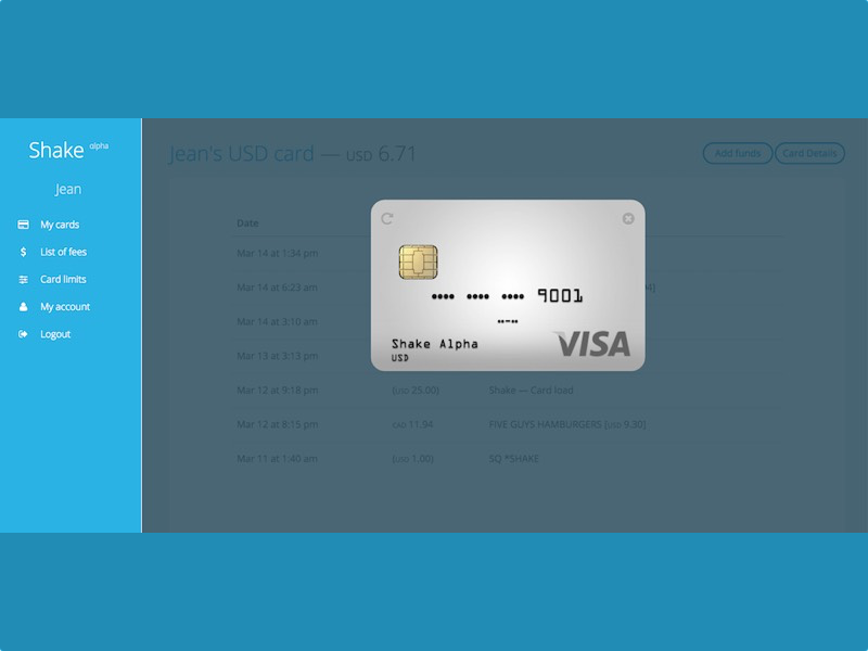 Shake VISA debit card
