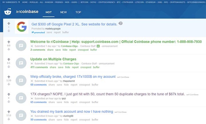 Coinbase Overcharge Thread on Reddit