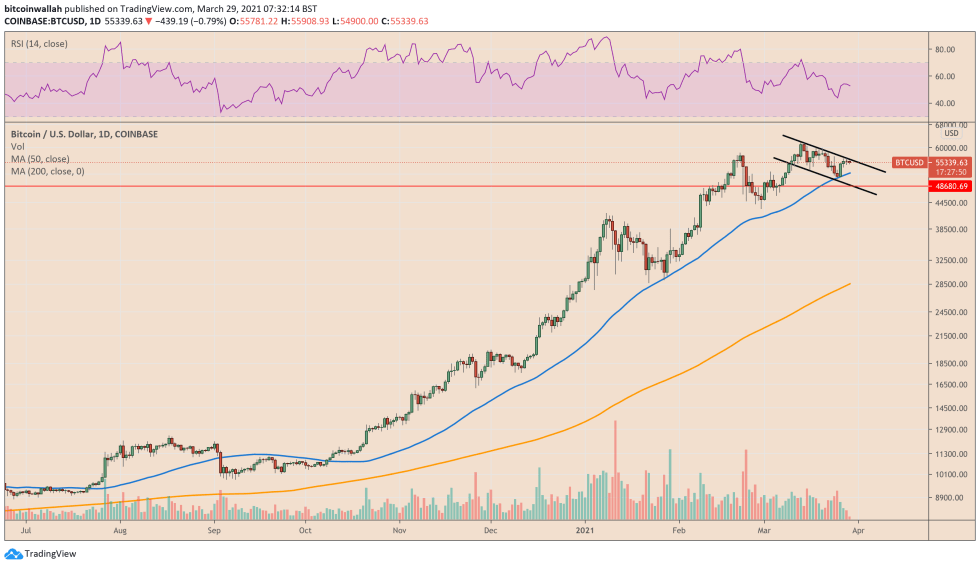 Bitcoin bounces off its 50-day moving average support. Source: BTCUSD on TradingView.com