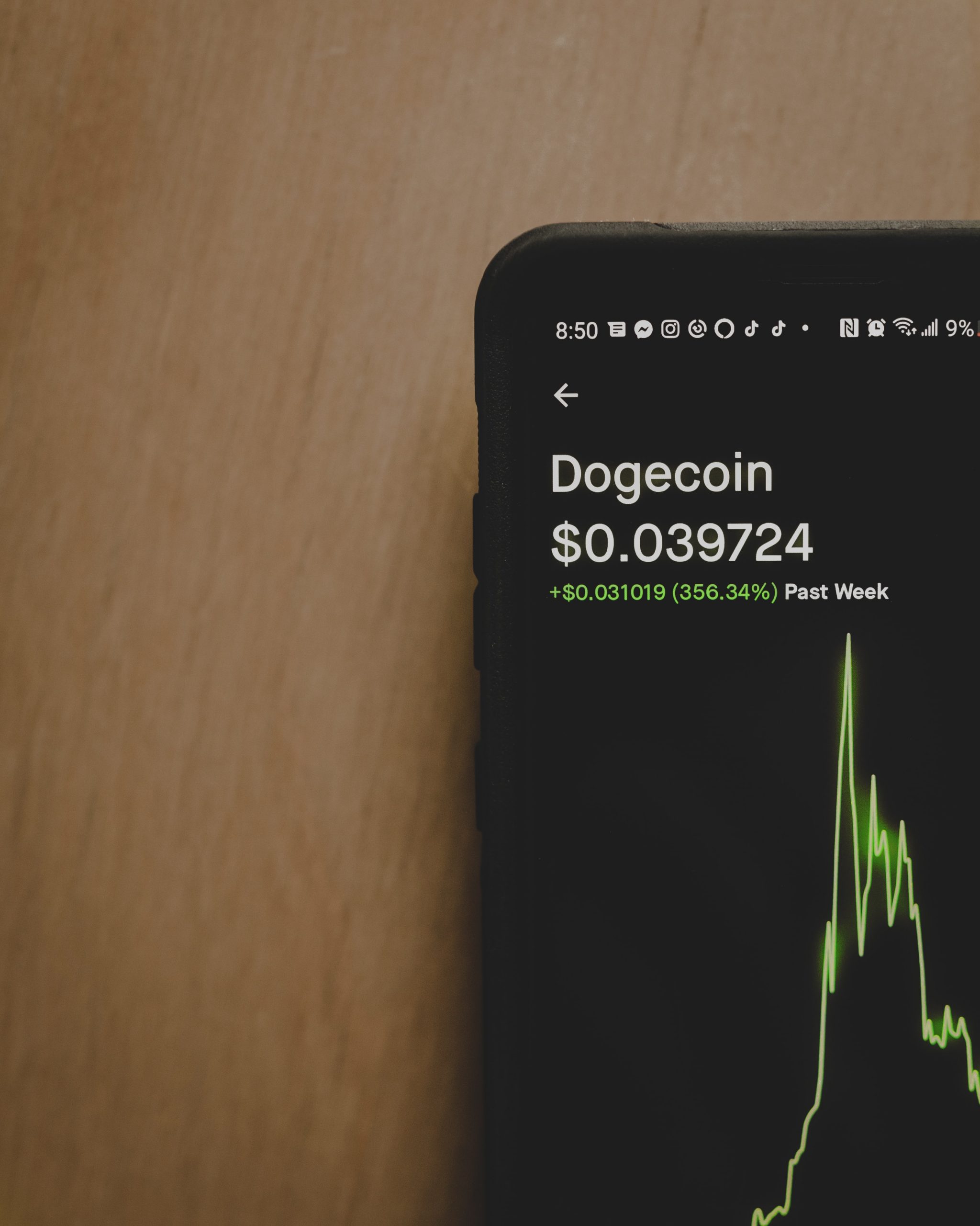 Phone showing Dogecoin chart