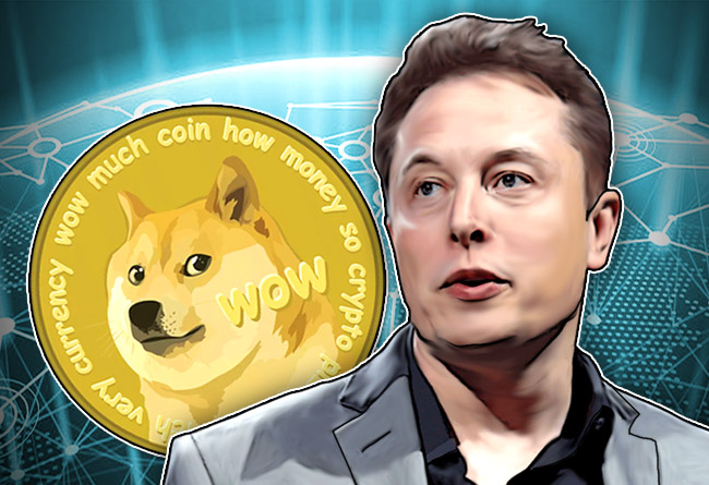 Picture of Elon Musk in front of a Dogecoin