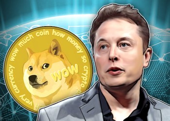 Picture of Elon Musk in front of a Dogecoin