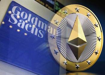 Goldman Sachs logo with an Ethereum logo superimposed on it