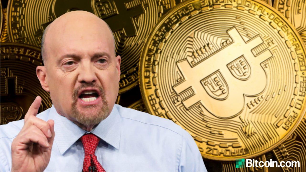 Picture of Jim Cramer with bitcoins behind him