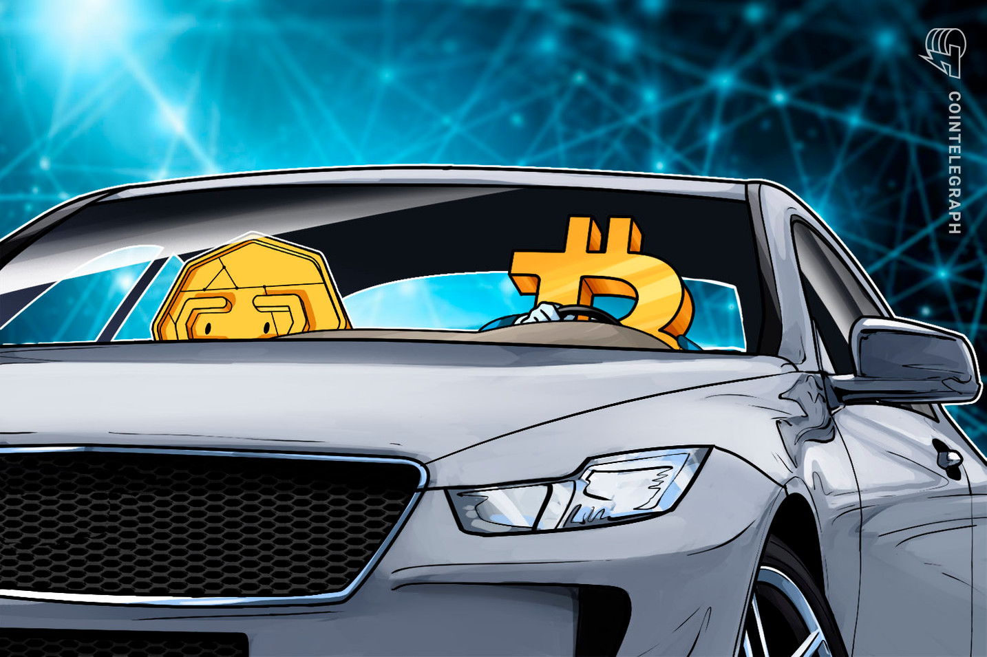 Picture of Bitcoin symbol driving a car with a coin in the passenger seat