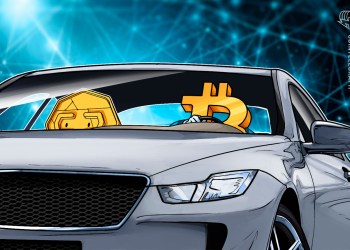 Picture of Bitcoin symbol driving a car with a coin in the passenger seat