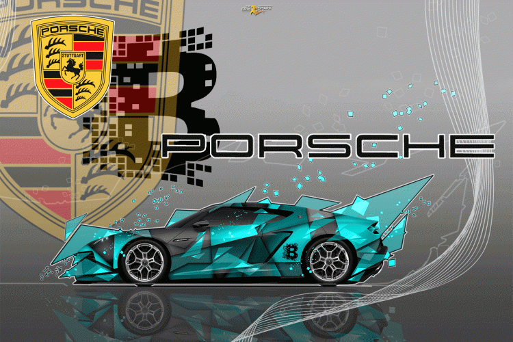 Image with Porsche logo on top left with an enlarged B for blockchain, a car on the bottom