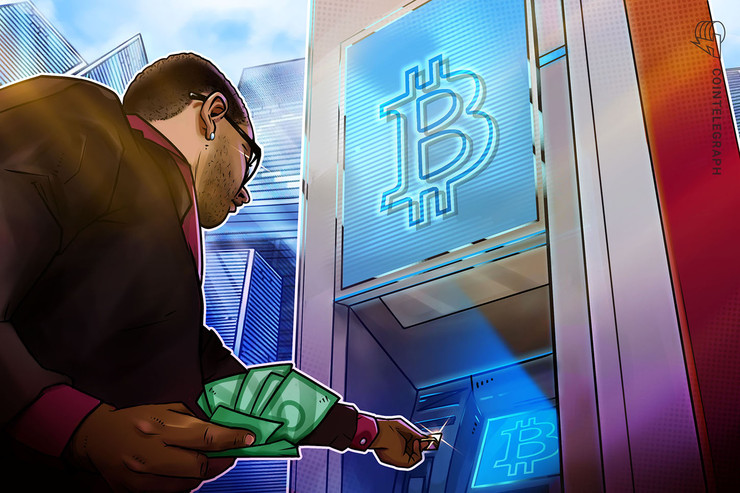 Animated picture of a man using a bitcoin ATM