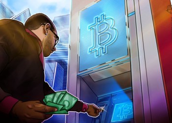 Animated picture of a man using a bitcoin ATM