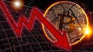 Red downward arrow in front of a bitcoin