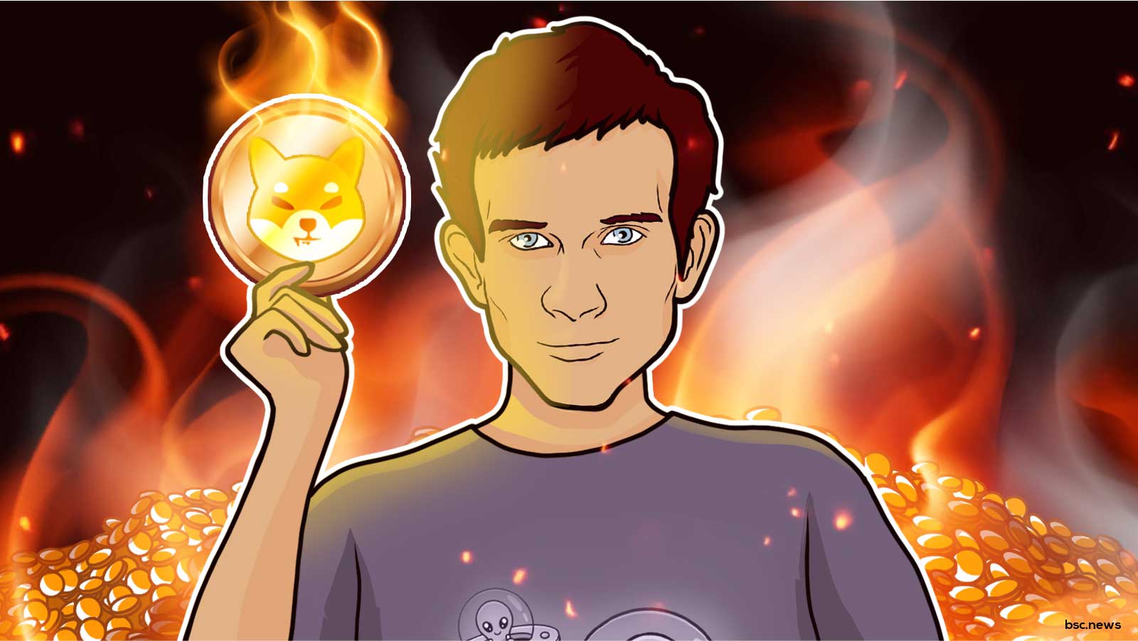 Animated picture of Ethereum founder Vitalik Buterin holding burning SHIB coin