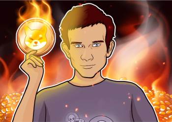 Animated picture of Ethereum founder Vitalik Buterin holding burning SHIB coin
