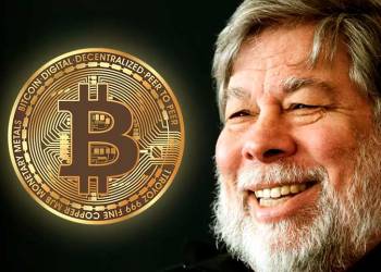 Picture of Steve Wozniak smiling with a bitcoin next to him