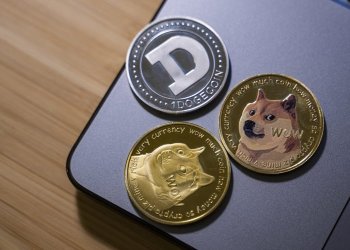 Picture of Baby Doge coin, Shiba Inu coin, and a Dogecoin on a laptop