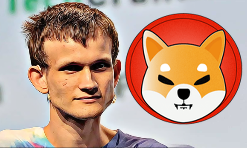 Ethereum founder Vitalik Buterin with a SHIB token next to him, which he donated 50 million of to an Indian relief fund