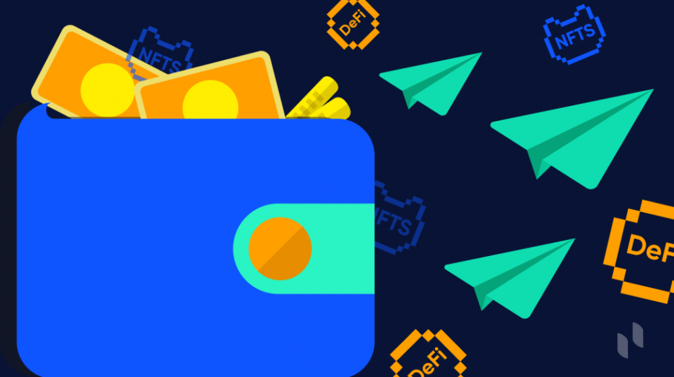 Picture of a blue wallet with green paper planes flying out of it and yellow currency notes sticking out