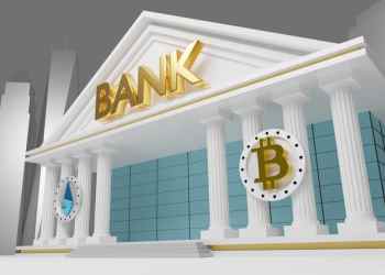 Picture of a bank with a bitcoin in front of it