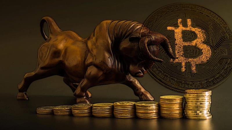Picture of a bronze colored bull with bitcoins all around it, representing bitcoin bullish price as Amazon rumors circulate