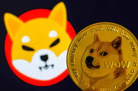 Picture of a baby doge coin next to a dogecoin