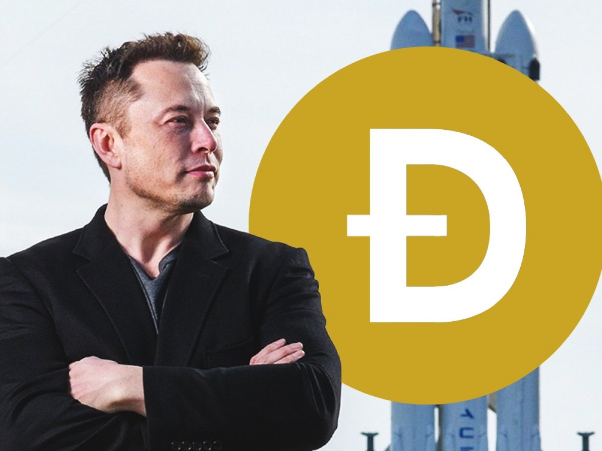 Picture of Elon Musk standing with a dogecoin next to him