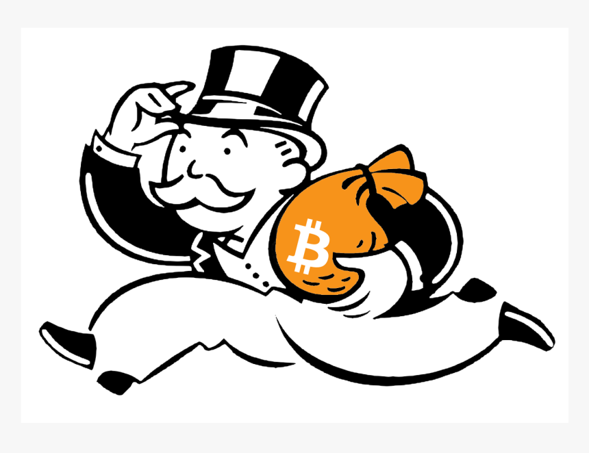 Picture of the Monopoly Man running carrying a bag of bitcoin