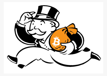 Picture of the Monopoly Man running carrying a bag of bitcoin