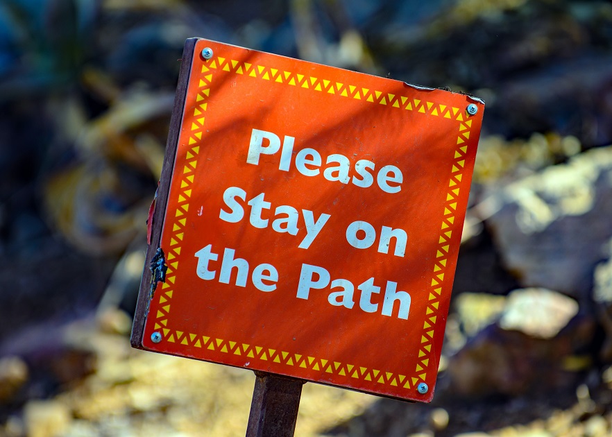 Plebs, "Plase stay on the Path" sign.