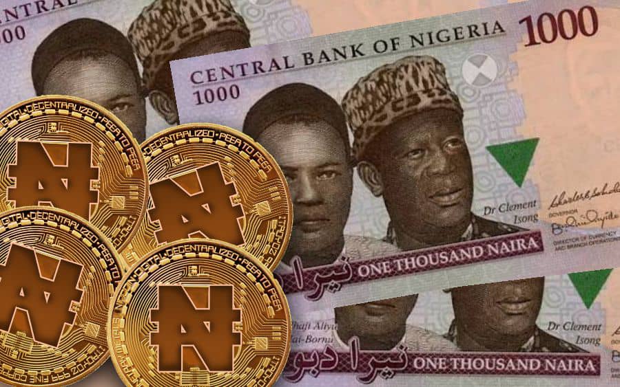 Picture of Nigerian 1,000 Naira notes, with digital coins with the Naira symbol laying on top of them, representing the country's CBDC, the eNaira