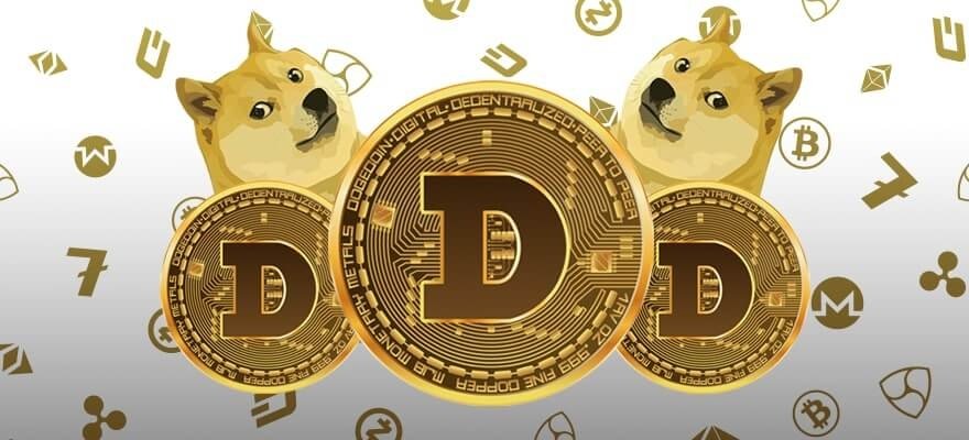 Picture of three dogecoins with two Shiba Inu dogs behind them