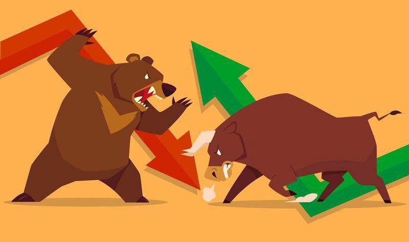 Picture of a bear will a red downward arrow behind it growling at a bull with a green upward arrow behind it