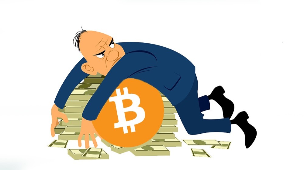 Picture of a man laying on top of a pile of cash with a bitcoin logo on it