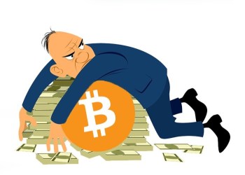 Picture of a man laying on top of a pile of cash with a bitcoin logo on it