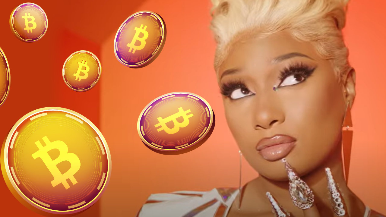 picture of hip-hop star Megan Thee Stallion with bitcoins raining down next to her