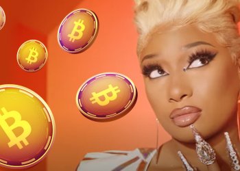 picture of hip-hop star Megan Thee Stallion with bitcoins raining down next to her