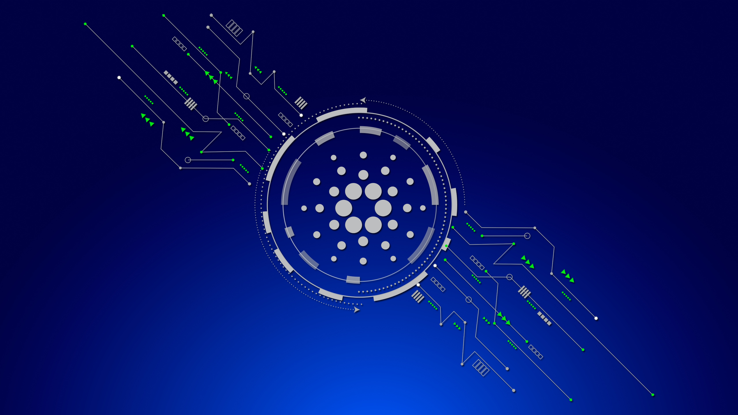 Picture of a Cardano logo in the middle of a chip illustration