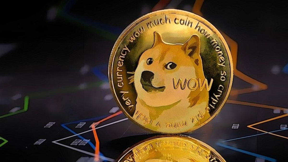 Picture of a Doge coin standing on top of a chart, as Dogecoin leads earnings on Robinhood