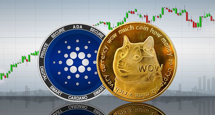 Picture of a Dogecoin (Doge) next to a Cardano (ADA) coin