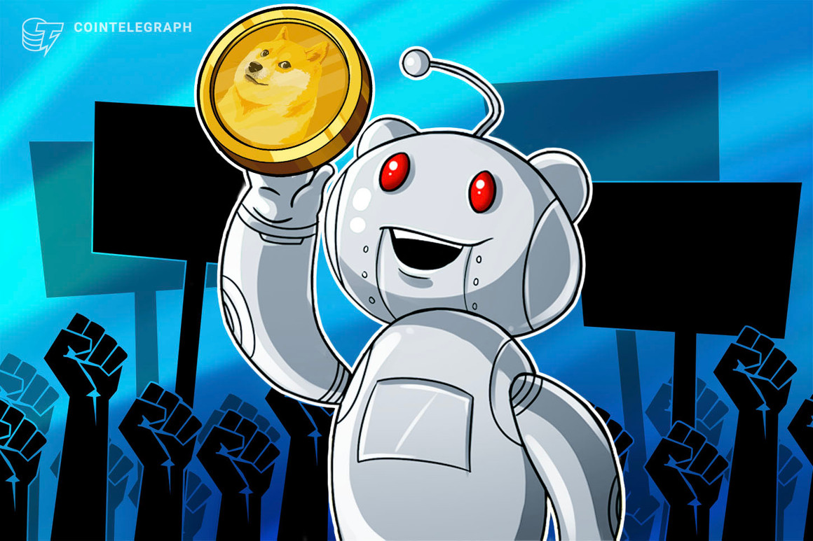 Picture of the Reddit robot holding up a dogecoin, as Reddit Moons surpass Dogecoin price