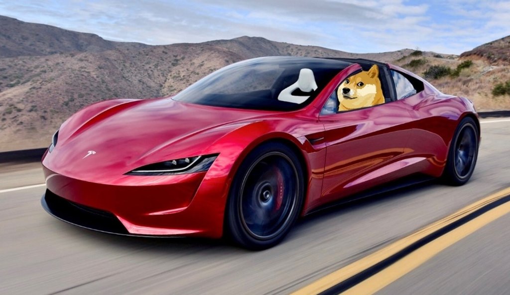 Picture of a Tesla electric vehicle with a Shiba Inu, the symbol for Doge, in the driver's seat