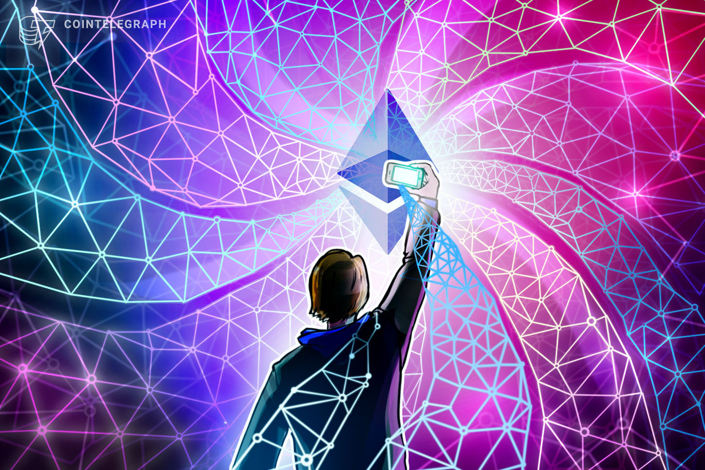 Picture of person holding a smartphone up to a glowing Ethereum logo, depicting changes made during London Hark Fork and EIP-1559, leading up to ETH 2.0