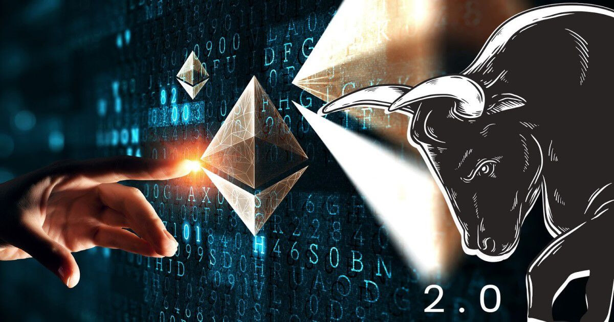 Picture of a hand touching an ETH logo, with a bull besides it, as ETH price surges following EIP-1559 ahead of ETH 2.0