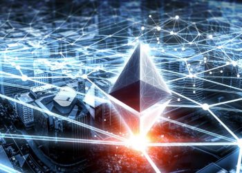 Picture of an Ethereum logo above a city, sitting on top a web of interconnected lines