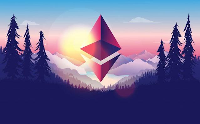 Picture of an Ethereum logo floating above a forest, with a sun setting behind the logo