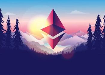Picture of an Ethereum logo floating above a forest, with a sun setting behind the logo