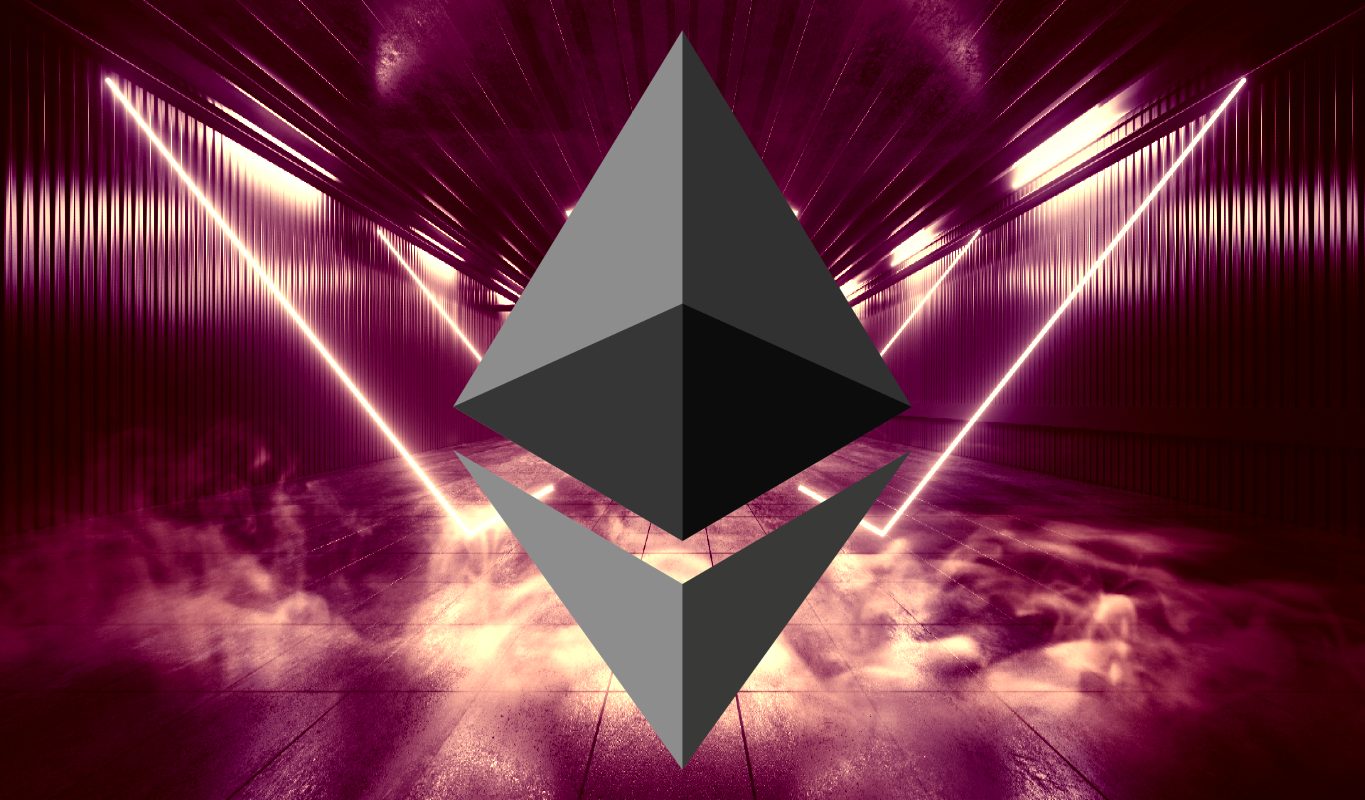 Picture of an Ethereum logo with lasers and fire behind it
