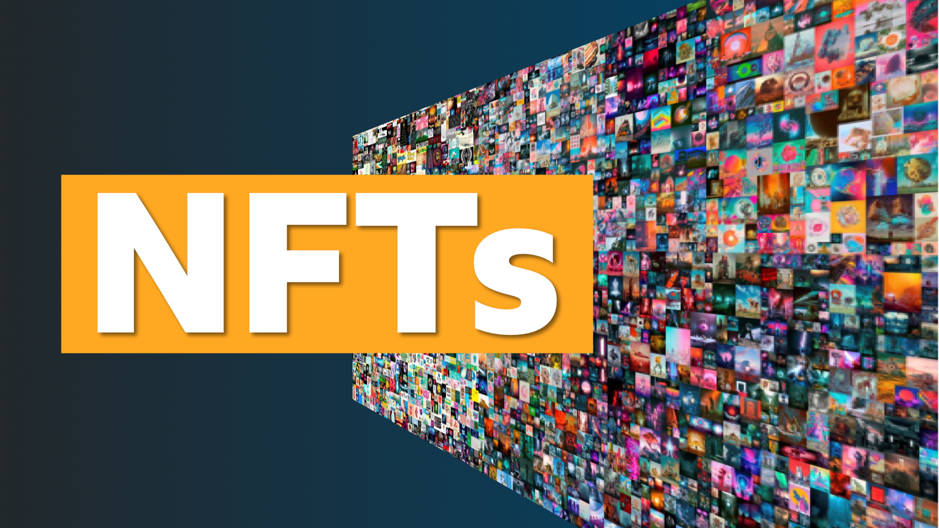 Picture of NFTs written in bold letters, with a pixelated picture screen next to it